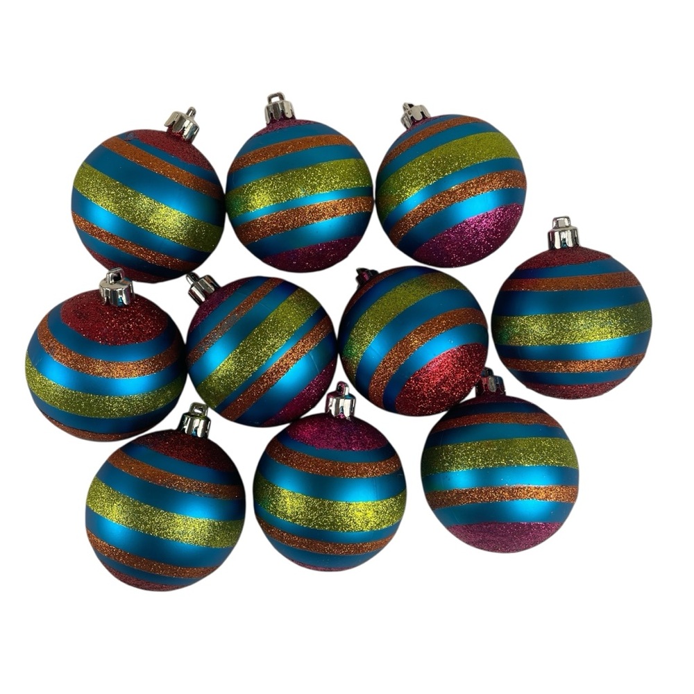 Festive Bright Multi Coloured Glitter Striped Christmas Ornament Balls Set of 10